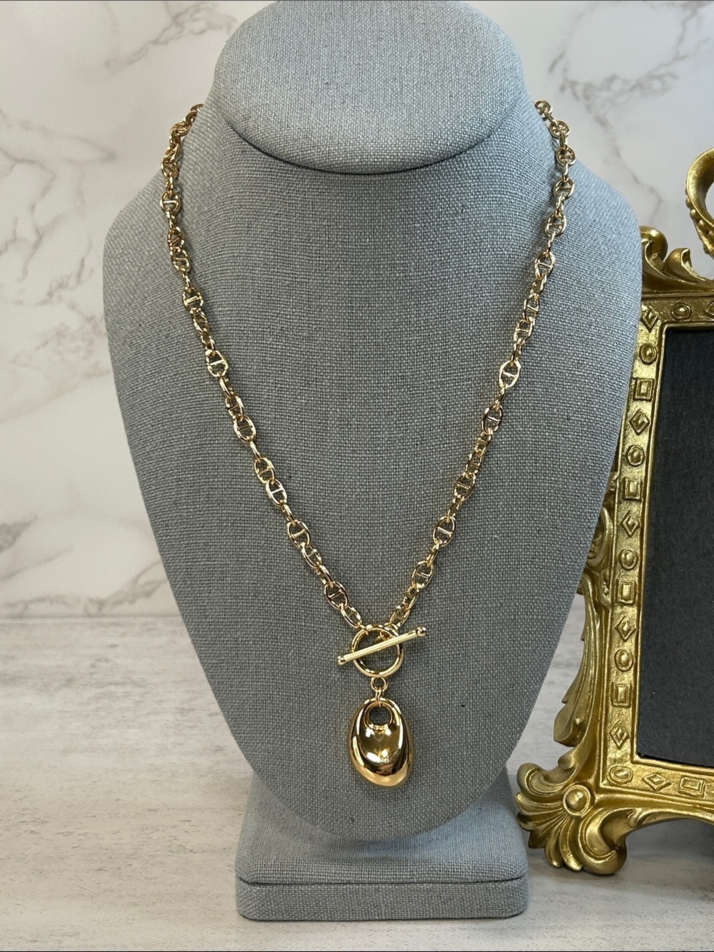 Gold-Tone Link Necklace with Oval Pendant